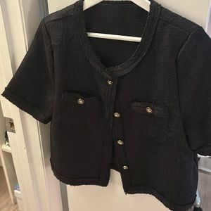 Black Tweed Short Sleeve Jacket with Gold Buttons